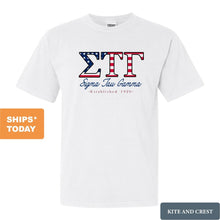 Load image into Gallery viewer, Sigma Tau Gamma Comfort Colors T-Shirt - Sig Tau American Flag Letters Shirt - Kite and Crest
