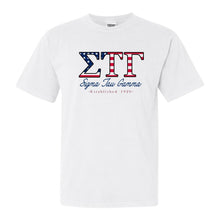 Load image into Gallery viewer, Sigma Tau Gamma Comfort Colors T-Shirt - Sig Tau American Flag Letters Shirt - Kite and Crest
