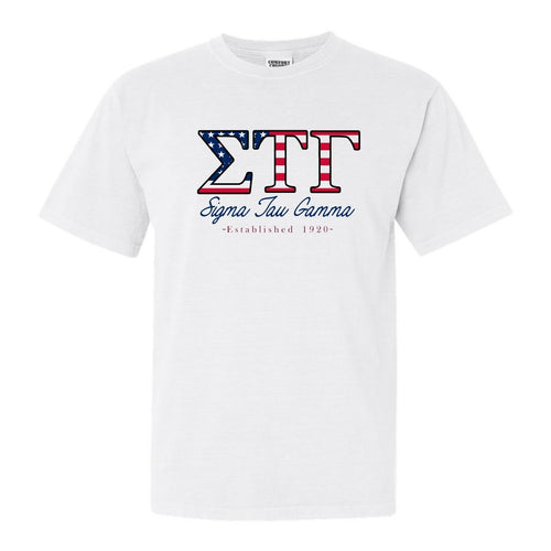 Sigma Tau Gamma Comfort Colors T-Shirt - Sig Tau American Flag Letters Shirt - Kite and Crest