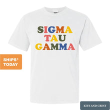 Load image into Gallery viewer, Sigma Tau Gamma Comfort Colors T-Shirt - Sig Tau Retro Letters Shirt - Kite and Crest

