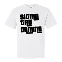 Load image into Gallery viewer, Sigma Tau Gamma Comfort Colors T-Shirt - Sig Tau Stacked Letters Shirt - Kite and Crest
