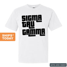 Load image into Gallery viewer, Sigma Tau Gamma Comfort Colors T-Shirt - Sig Tau Stacked Letters Shirt - Kite and Crest
