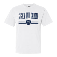 Load image into Gallery viewer, Sigma Tau Gamma Comfort Colors T-Shirt - Sig Tau Striped Shield Shirt - Kite and Crest
