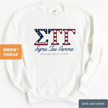 Load image into Gallery viewer, Sigma Tau Gamma Sweatshirt - Sig Tau American Flag Letters Crewneck Sweatshirt - Kite and Crest
