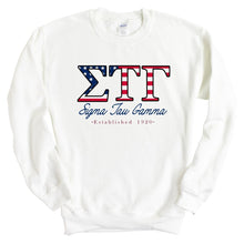 Load image into Gallery viewer, Sigma Tau Gamma Sweatshirt - Sig Tau American Flag Letters Crewneck Sweatshirt - Kite and Crest
