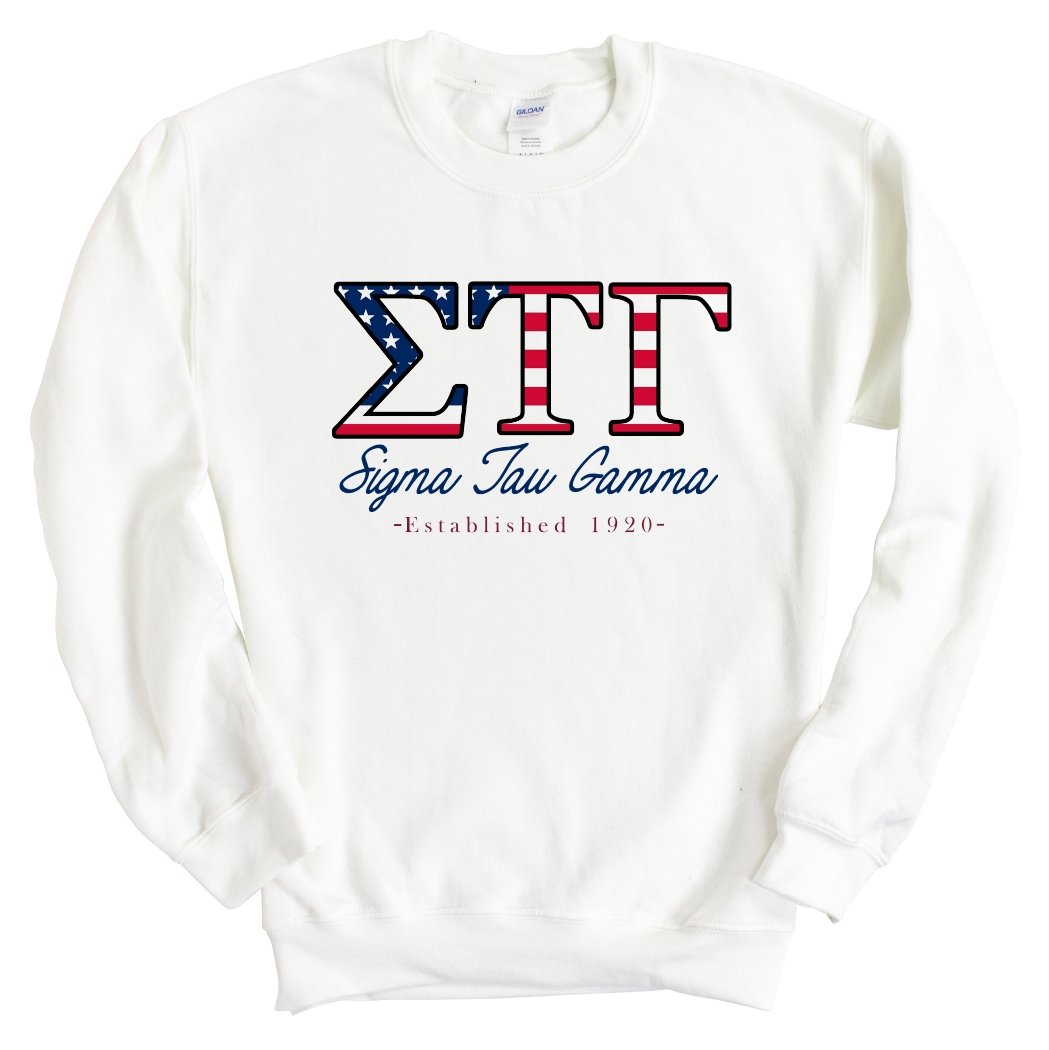 Sigma Tau Gamma Sweatshirt - Sig Tau American Flag Letters Crewneck Sweatshirt - Kite and Crest