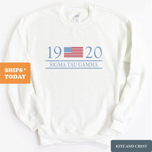 Load image into Gallery viewer, Sigma Tau Gamma Sweatshirt - Sig Tau Flag Year Crewneck Sweatshirt - Kite and Crest
