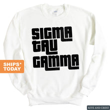 Load image into Gallery viewer, Sigma Tau Gamma Sweatshirt - Sig Tau Stacked Letters Crewneck Sweatshirt - Kite and Crest
