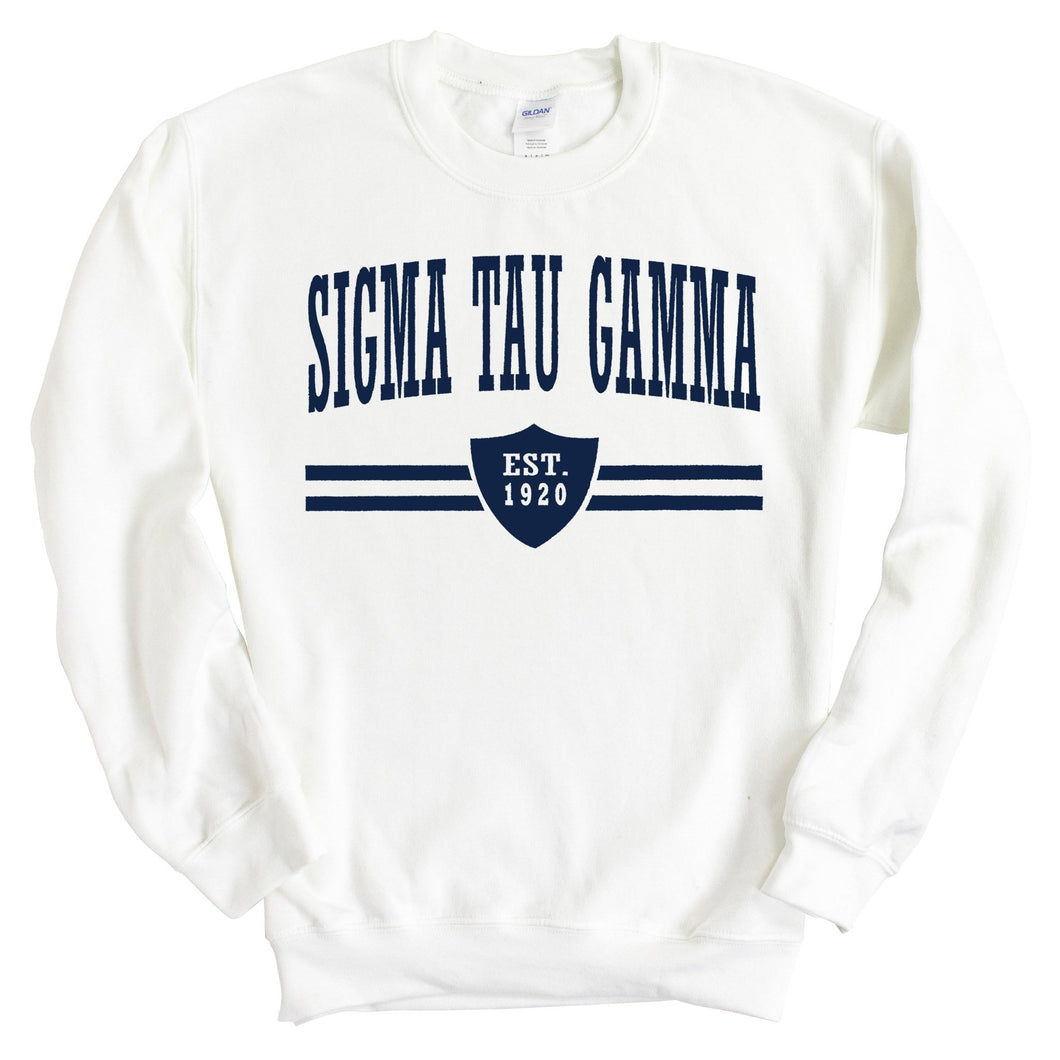 Sigma Tau Gamma Sweatshirt - Sig Tau Striped Shield Crewneck Sweatshirt - Kite and Crest