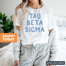 Load image into Gallery viewer, Tau Beta Sigma Blue Bubble Letters T-shirt - Kite and Crest
