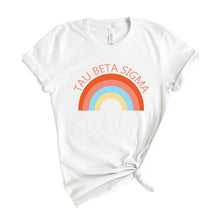Load image into Gallery viewer, Tau Beta Sigma Colorful Rainbow T-shirt - Kite and Crest
