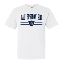 Load image into Gallery viewer, Tau Epsilon Phi Striped Shield Comfort Colors T-Shirt - Fraternity Tee - Kite and Crest
