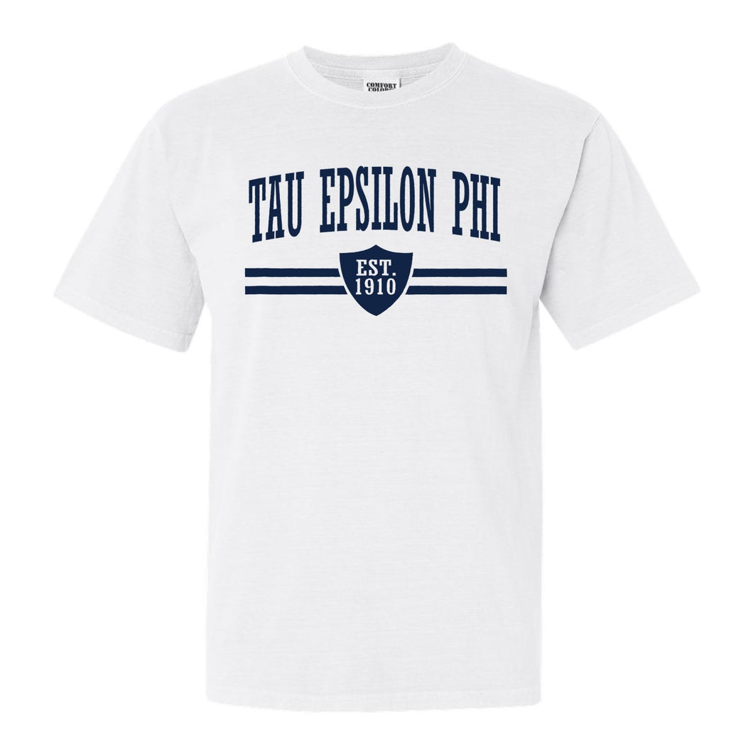 Tau Epsilon Phi Striped Shield Comfort Colors T-Shirt - Fraternity Tee - Kite and Crest