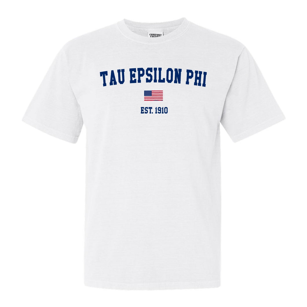 Tau Epsilon Phi USA Flag Comfort Colors T-Shirt - Fraternity Tee - Kite and Crest