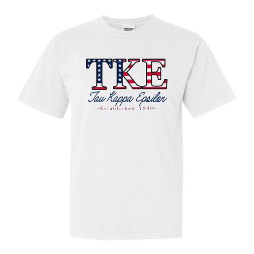 Tau Kappa Epsilon Comfort Colors T-Shirt - TKE American Flag Letters Shirt - Kite and Crest