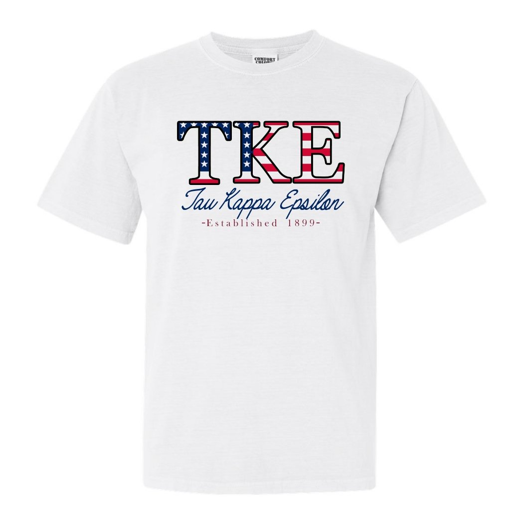 Tau Kappa Epsilon Comfort Colors T-Shirt - TKE American Flag Letters Shirt - Kite and Crest