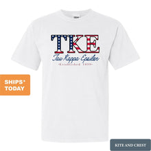 Load image into Gallery viewer, Tau Kappa Epsilon Comfort Colors T-Shirt - TKE American Flag Letters Shirt - Kite and Crest
