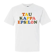 Load image into Gallery viewer, Tau Kappa Epsilon Comfort Colors T-Shirt - TKE Retro Letters Shirt - Kite and Crest
