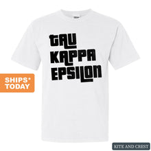 Load image into Gallery viewer, Tau Kappa Epsilon Comfort Colors T-Shirt - TKE Stacked Letters Shirt - Kite and Crest
