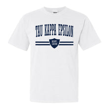 Load image into Gallery viewer, Tau Kappa Epsilon Comfort Colors T-Shirt - TKE Striped Shield Shirt - Kite and Crest
