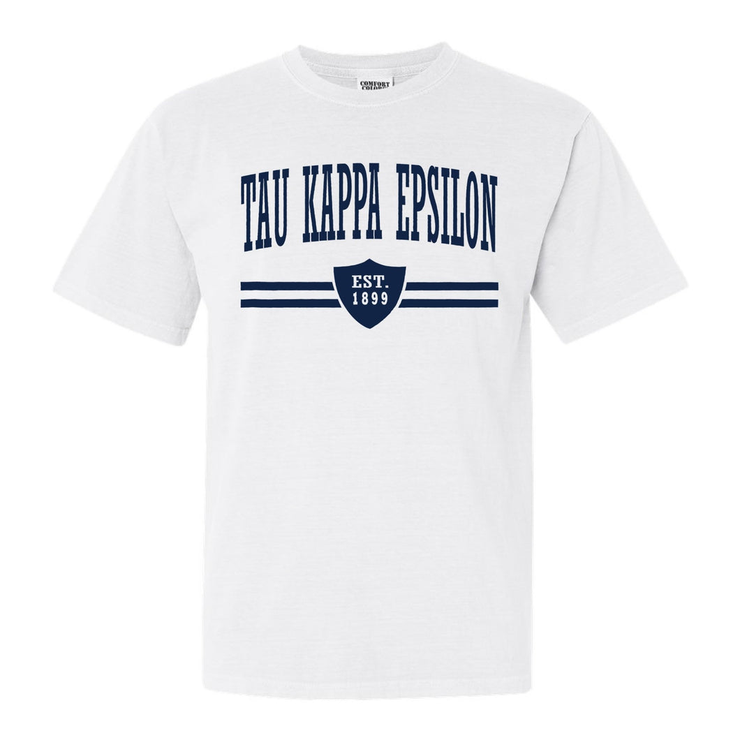 Tau Kappa Epsilon Comfort Colors T-Shirt - TKE Striped Shield Shirt - Kite and Crest