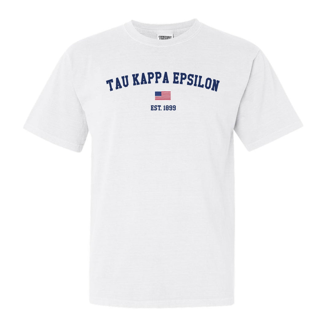 Tau Kappa Epsilon Comfort Colors T-Shirt - TKE USA Flag Shirt - Kite and Crest