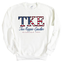 Load image into Gallery viewer, Tau Kappa Epsilon Sweatshirt - TKE American Flag Letters Crewneck Sweatshirt - Kite and Crest
