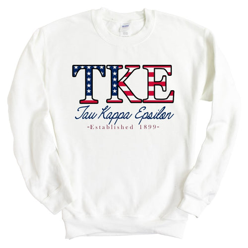 Tau Kappa Epsilon Sweatshirt - TKE American Flag Letters Crewneck Sweatshirt - Kite and Crest