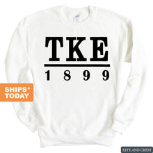 Load image into Gallery viewer, Tau Kappa Epsilon Sweatshirt - TKE Black Letters Crewneck Sweatshirt - Kite and Crest
