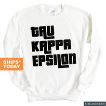 Load image into Gallery viewer, Tau Kappa Epsilon Sweatshirt - TKE Stacked Letters Crewneck Sweatshirt - Kite and Crest
