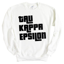 Load image into Gallery viewer, Tau Kappa Epsilon Sweatshirt - TKE Stacked Letters Crewneck Sweatshirt - Kite and Crest
