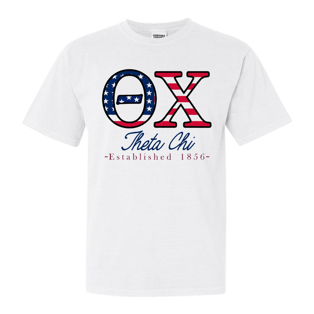 Theta Chi Comfort Colors T-Shirt - Theta Chi American Flag Letters Shirt - Kite and Crest