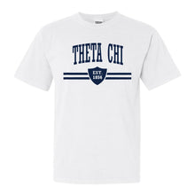 Load image into Gallery viewer, Theta Chi Comfort Colors T-Shirt - Theta Chi Striped Shield Shirt - Kite and Crest
