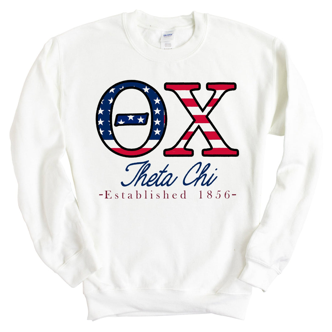 Theta Chi Sweatshirt - Theta Chi American Flag Letters Crewneck Sweatshirt - Kite and Crest