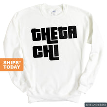 Load image into Gallery viewer, Theta Chi Sweatshirt - Theta Chi Stacked Letters Crewneck Sweatshirt - Kite and Crest
