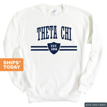 Load image into Gallery viewer, Theta Chi Sweatshirt - Theta Chi Striped Shield Crewneck Sweatshirt - Kite and Crest
