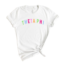 Load image into Gallery viewer, Theta Phi Alpha Rainbow Letter Sorority T-Shirt Tee - Kite and Crest
