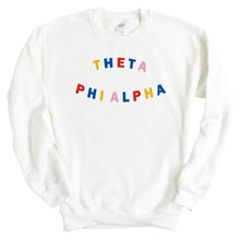 Load image into Gallery viewer, Theta Phi Alpha Sweatshirt | Theta Phi Circular Colorful Crewneck Sweatshirt | Theta Phi Alpha Sorority Gift Idea - Kite and Crest
