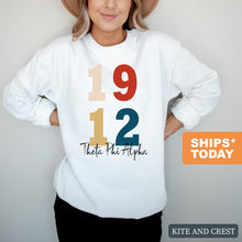 Load image into Gallery viewer, Theta Phi Alpha Sweatshirt | Theta Phi Colorful Year Crewneck Sweatshirt | Theta Phi Alpha Sorority Gift Idea - Kite and Crest
