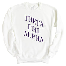 Load image into Gallery viewer, Theta Phi Alpha Sweatshirt | Theta Phi Large and Wavy Letters Crewneck Sweatshirt | Theta Phi Alpha Sorority Gift Idea - Kite and Crest
