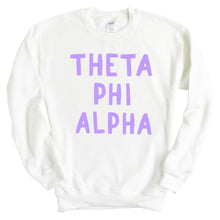 Load image into Gallery viewer, Theta Phi Alpha Sweatshirt - Theta Phi Purple Bubble Letters Crewneck Sweatshirt - Kite and Crest
