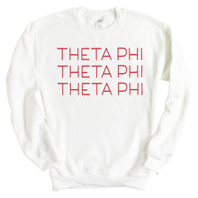 Load image into Gallery viewer, Theta Phi Alpha Sweatshirt | Theta Phi Red and Stacked Crewneck Sweatshirt | Theta Phi Alpha Sorority Gift Idea - Kite and Crest
