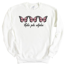 Load image into Gallery viewer, Theta Phi Alpha Sweatshirt - Theta Phi Three Butterflies Crewneck Sweatshirt - Kite and Crest
