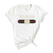 Load image into Gallery viewer, Theta Phi Alpha T-shirt - Theta Phi Golden Stripes Tee - Kite and Crest
