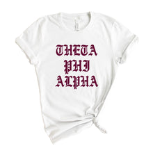 Load image into Gallery viewer, Theta Phi Alpha T-Shirt | Theta Phi Old Type Written Shirt | Theta Phi Alpha Sorority Gift Idea - Kite and Crest
