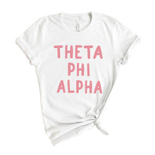 Load image into Gallery viewer, Theta Phi Alpha T-Shirt | Theta Phi Pink Bubble Letters Shirt | Theta Phi Alpha Sorority Gift Idea - Kite and Crest
