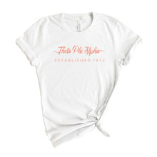 Load image into Gallery viewer, Theta Phi Alpha T-Shirt | Theta Phi White Script Letter Shirt | Theta Phi Alpha Sorority Gift Idea - Kite and Crest
