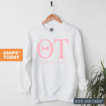 Load image into Gallery viewer, Theta Tau Classic Pink Letters Sweatshirt - Fraternity Crewneck Sweatshirt - Kite and Crest
