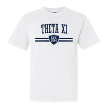 Load image into Gallery viewer, Theta Xi Striped Shield Comfort Colors T-Shirt - Fraternity Tee - Kite and Crest
