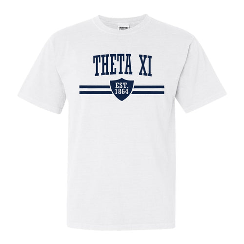Theta Xi Striped Shield Comfort Colors T-Shirt - Fraternity Tee - Kite and Crest